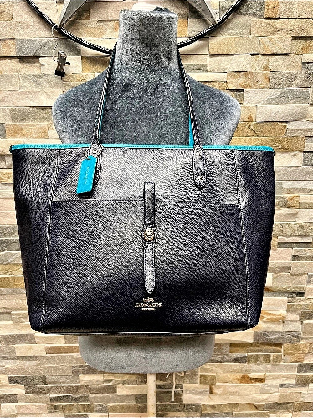 Coach Turnlock Tote in Black & Blue